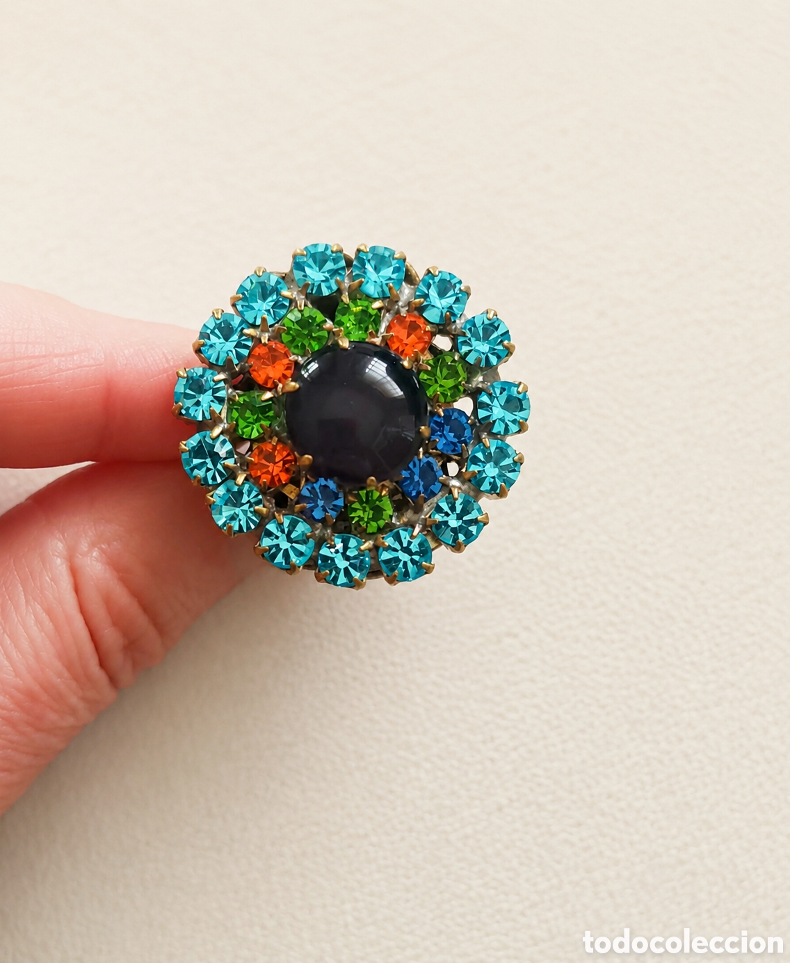 Joyeria: Anillo Art D&eacute;co vintage &ndash; Bot&oacute;n antiguo de cristal de Bohemia &ndash; Anillo grande ajustable