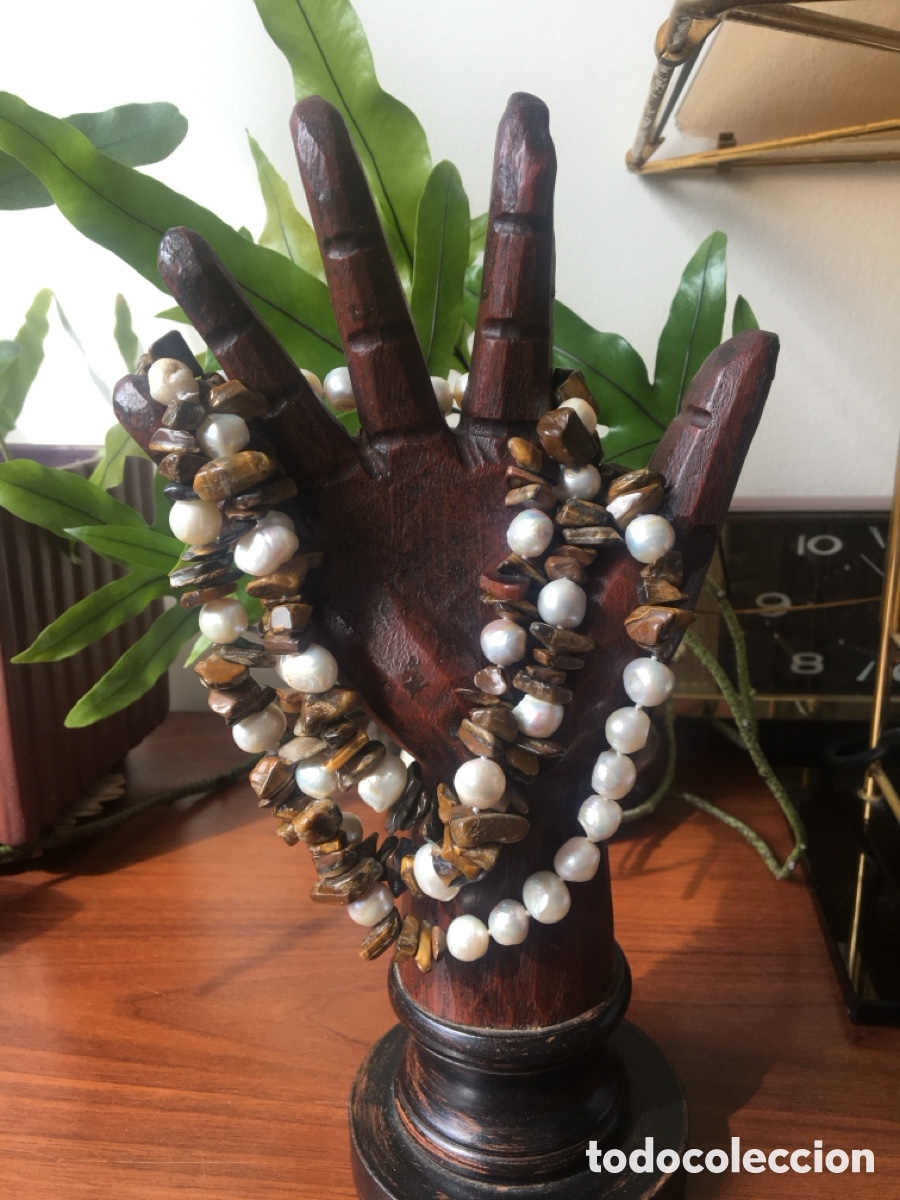Joyeria: collar grande con perlas y ojos de tigre