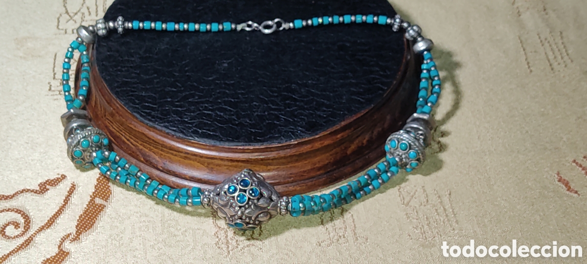 Joyeria: Antiguo collar modernista de turquesa natural y plata 925.