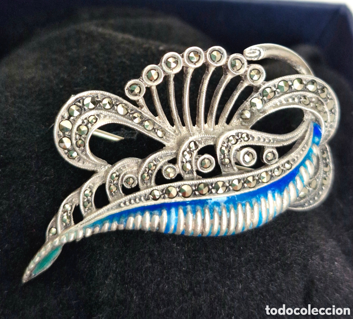 Joyeria: Broche Art D&eacute;co plata 925 esmalte azul y marcasitas