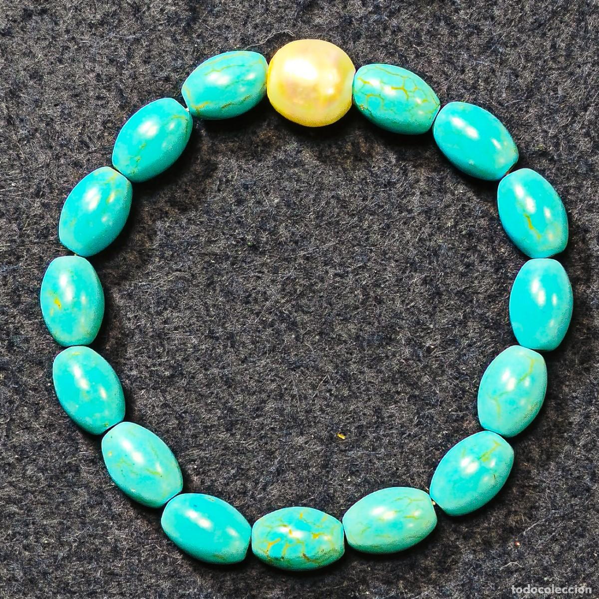 Joyeria: PULSERA ELASTICA DE PIEZAS OVALES DE TURQUESA 12 X 8 MM Y PERLA CULTIVADA 11 MM