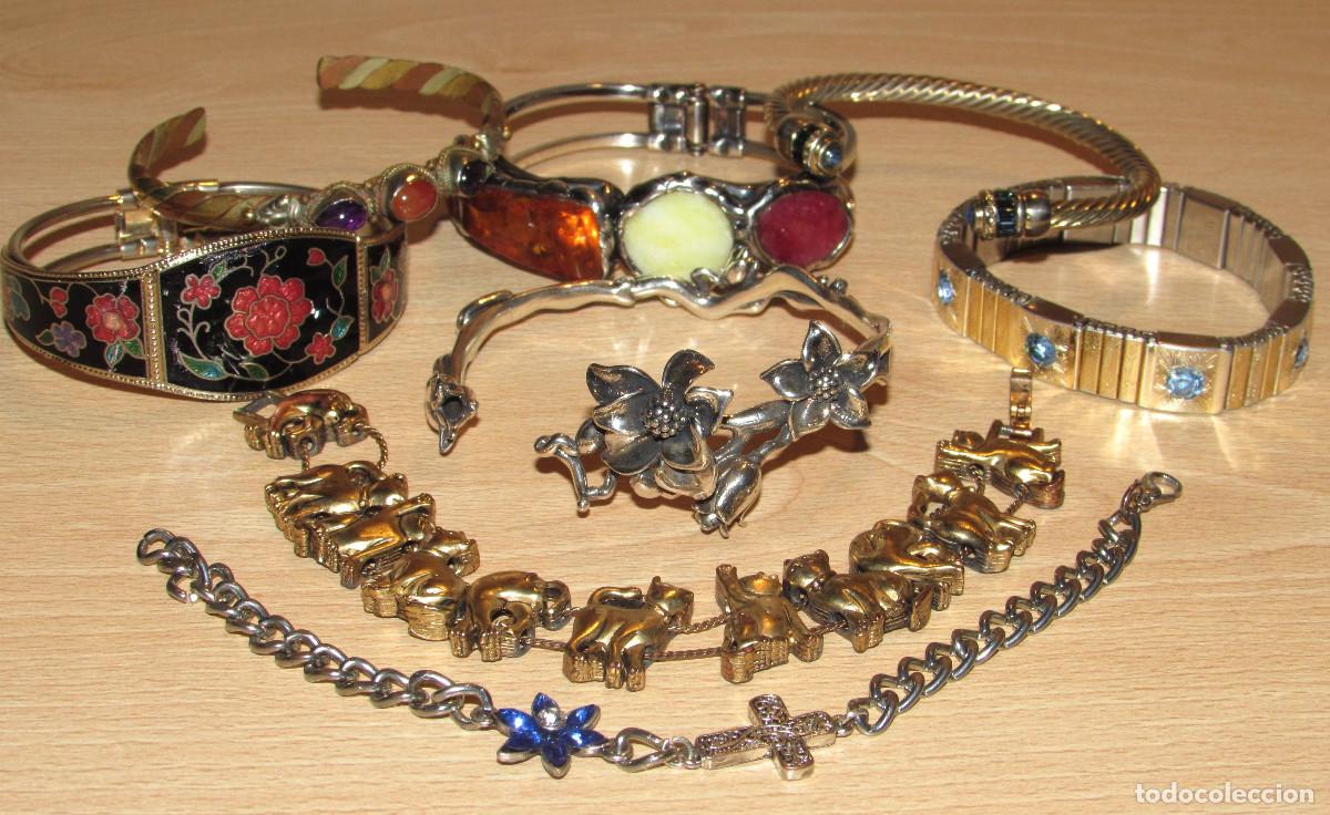Joyeria: Lote de 8 pulseras brazaletes vintage flores esmalte gatos cable retorcido plateado dorado