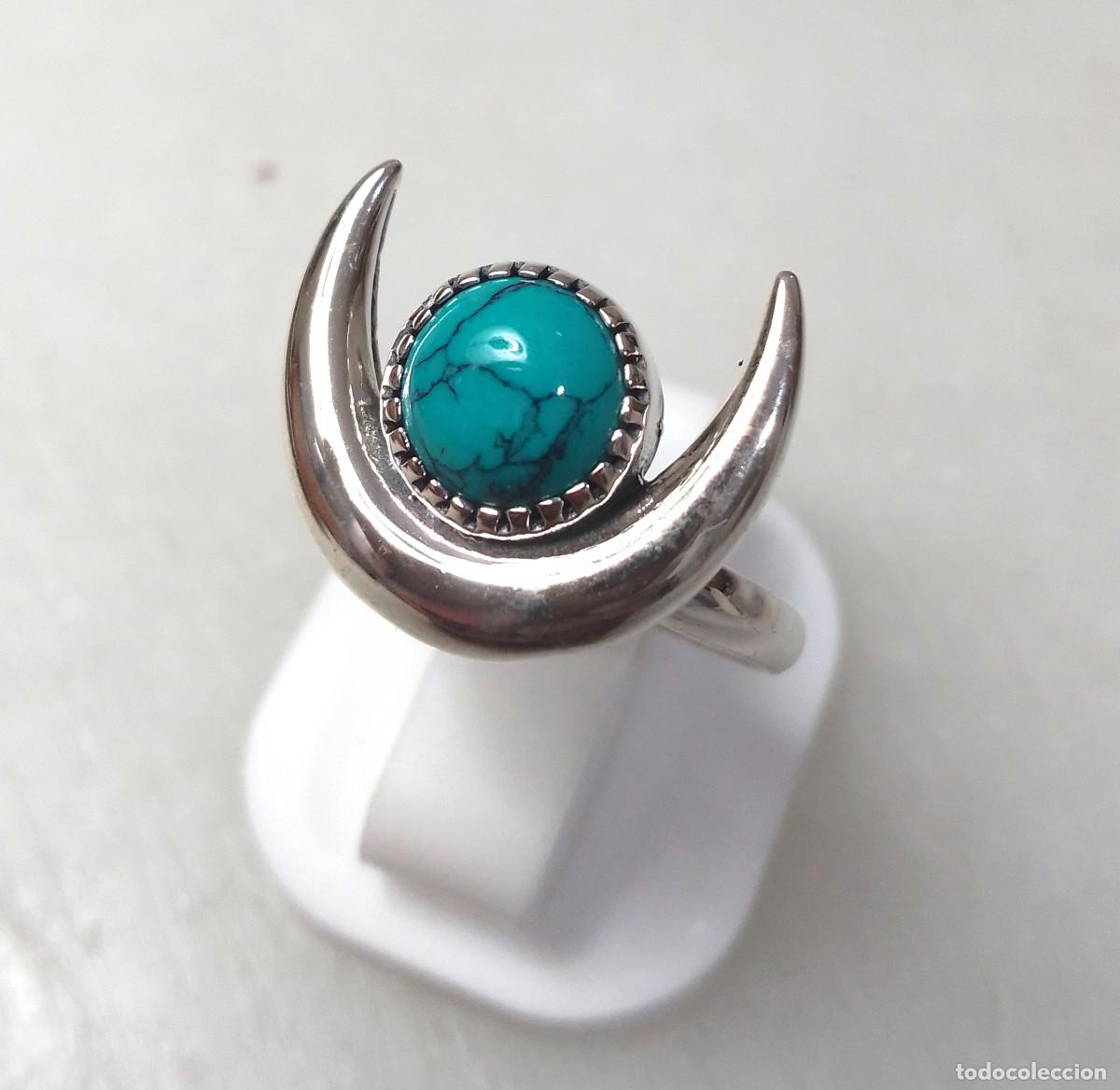 Joyeria: Anillo de plata de ley con media luna y piedra turquesa - Talla 16