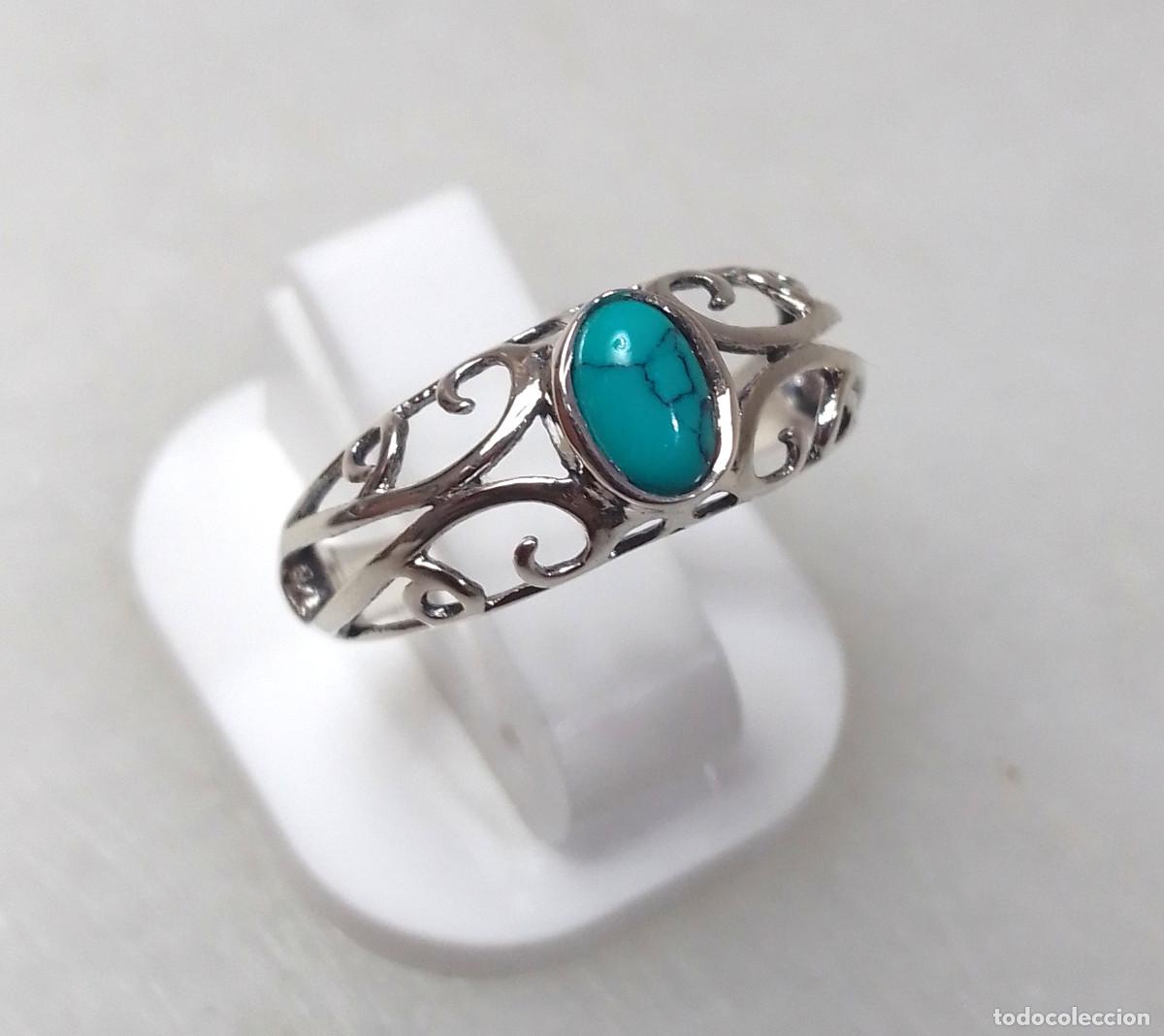 Joyeria: Anillo calado de plata de ley con piedra turquesa - Talla 14.50