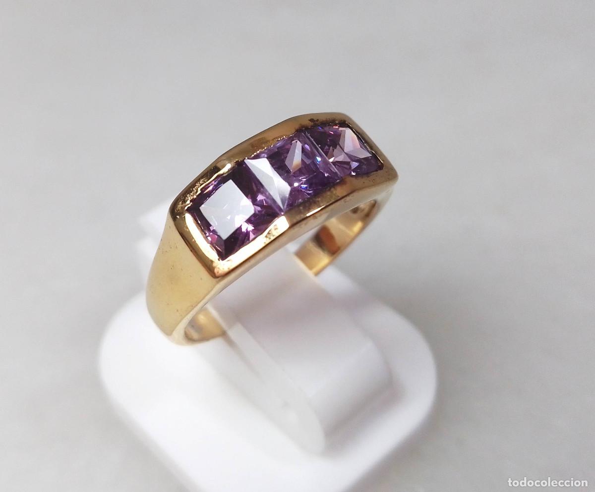 Joyeria: Anillo vintage de plata de ley ba&ntilde;ado en oro con circonita color amatista - Talla 14