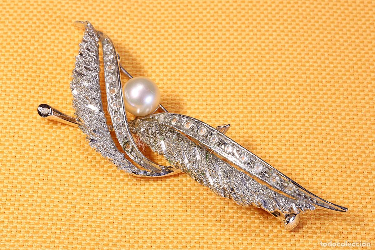 Joyeria: Broche de plata con perla y circonitas. Vintage. 925 KRS Silver brooch with pearl and cubic zirconia