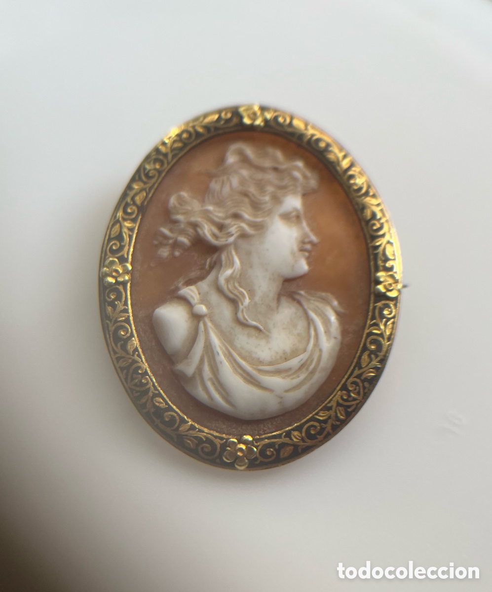 Joyeria: Antiguo Camafeo Concha Natural Talla Dama. Marco Esmalte Negro Y Filigrana Oro. Circa 1890-1920