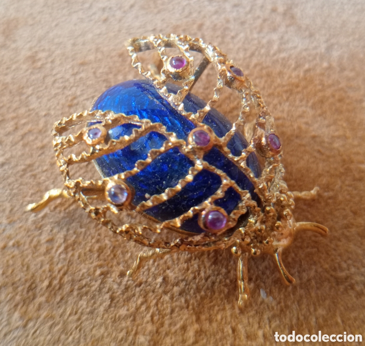 Joyeria: Broche Escarabajo Oro 18K 11g Esmalte Azul Amatistas Italiano Vintage