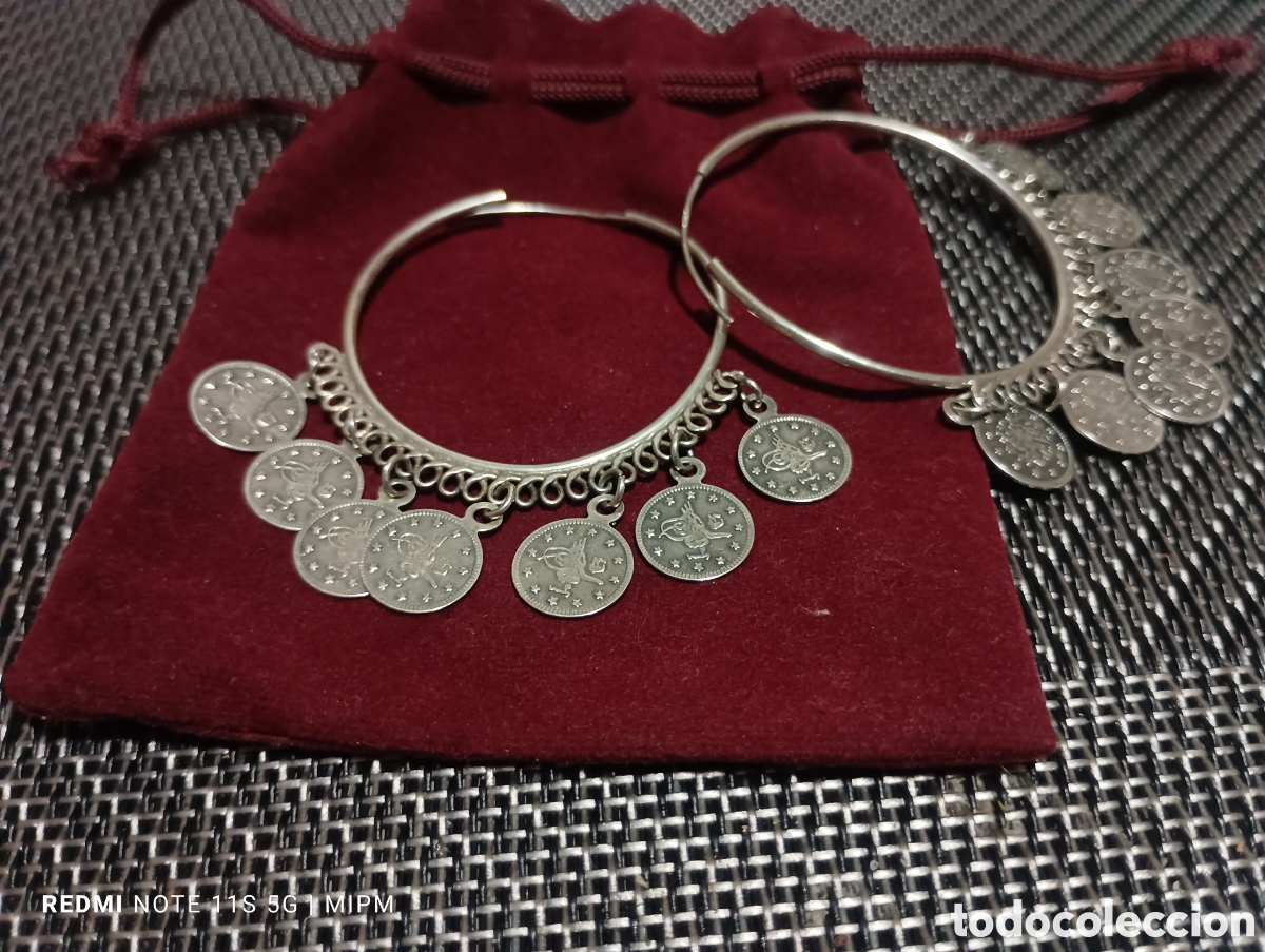 Joyeria: Aros de aut&eacute;ntica plata de ley 925 con monedas boho. Diametro del aro 40mm (4cm)