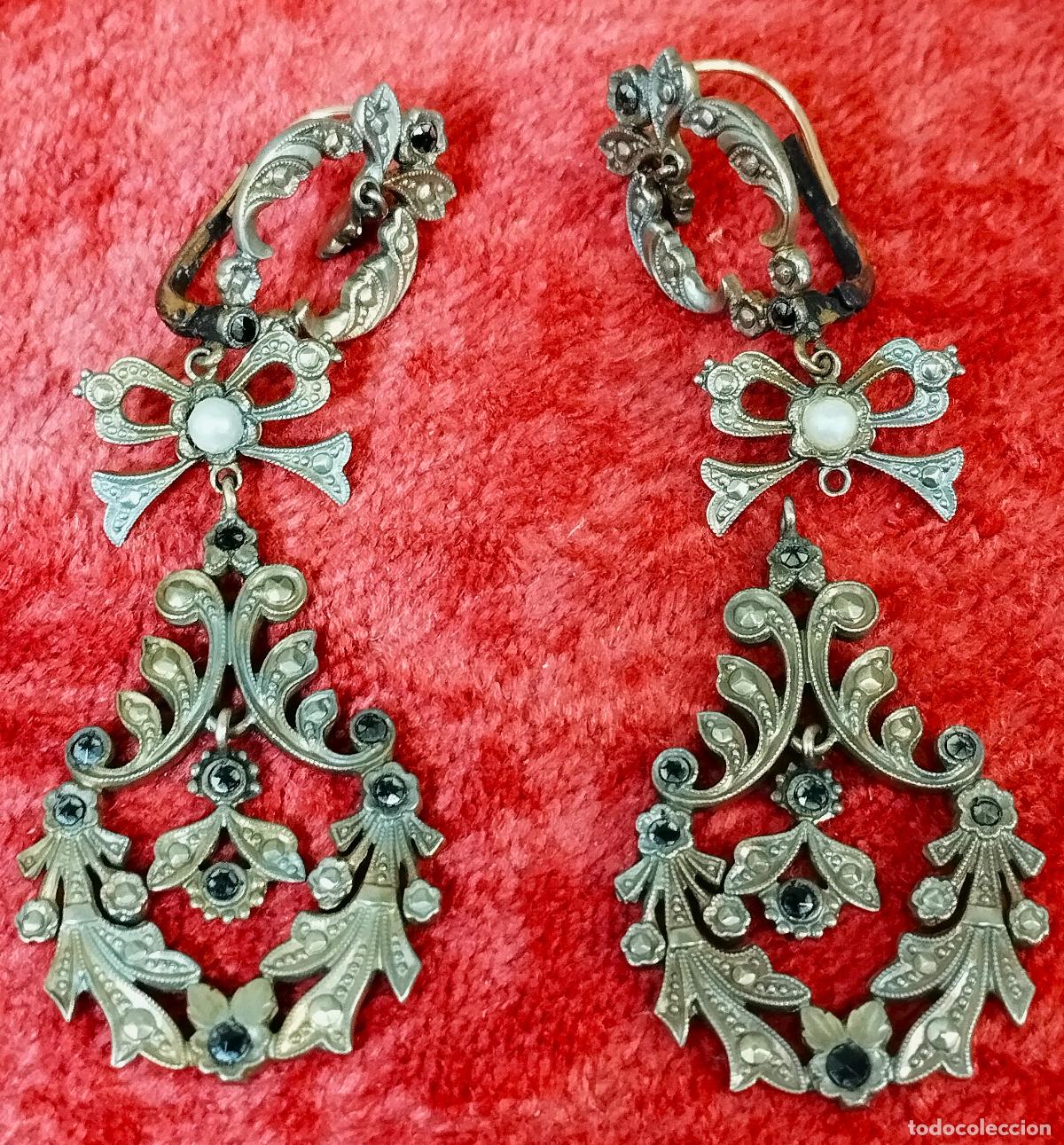 Joyeria: ANTIGUOS PENDIENTES DE DAMA. PLATA. CIERRES EN ORO. MARCASITAS Y CRISTALES. ESPA&Ntilde;A SIGLO XIX