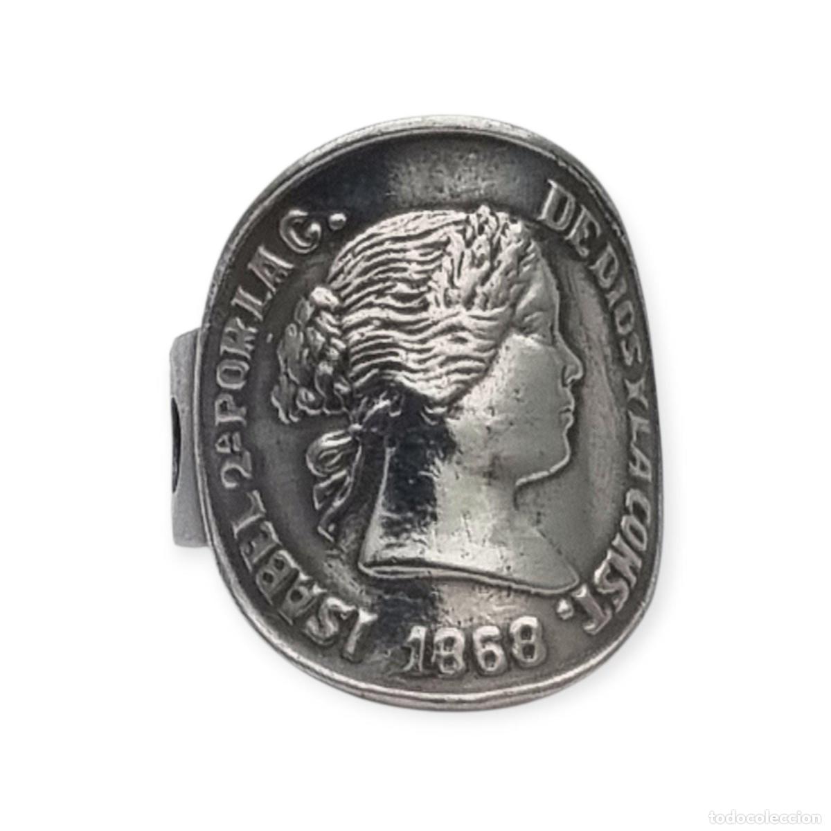 Joyeria: Anillo de moneda de Isabel II 1868 en plata, joyer&iacute;a numism&aacute;tica, circa 1950
