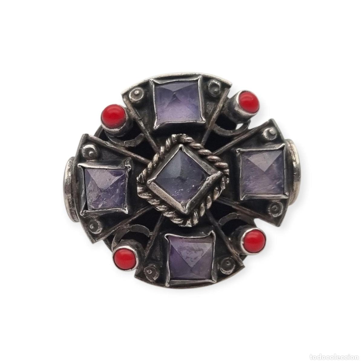 Joyeria: Anillo marca Escorcia plata 925 M&eacute;xico con amatistas y detalles rojos circa 1990