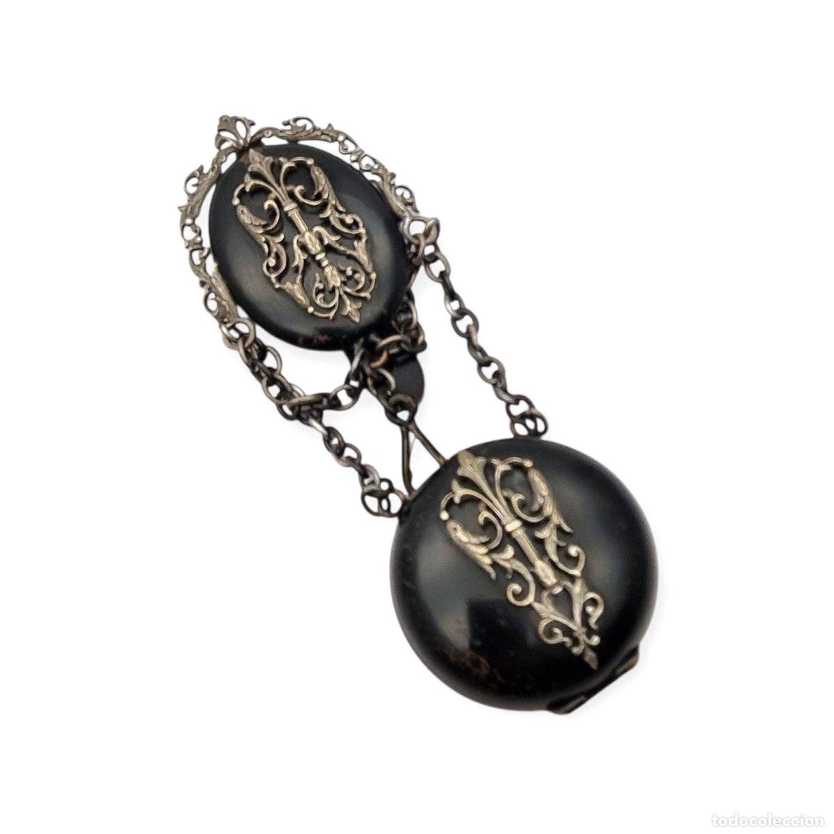 Joyeria: Chatelaine portareloj victoriana francesa negra con cadenas, circa 1850-1890
