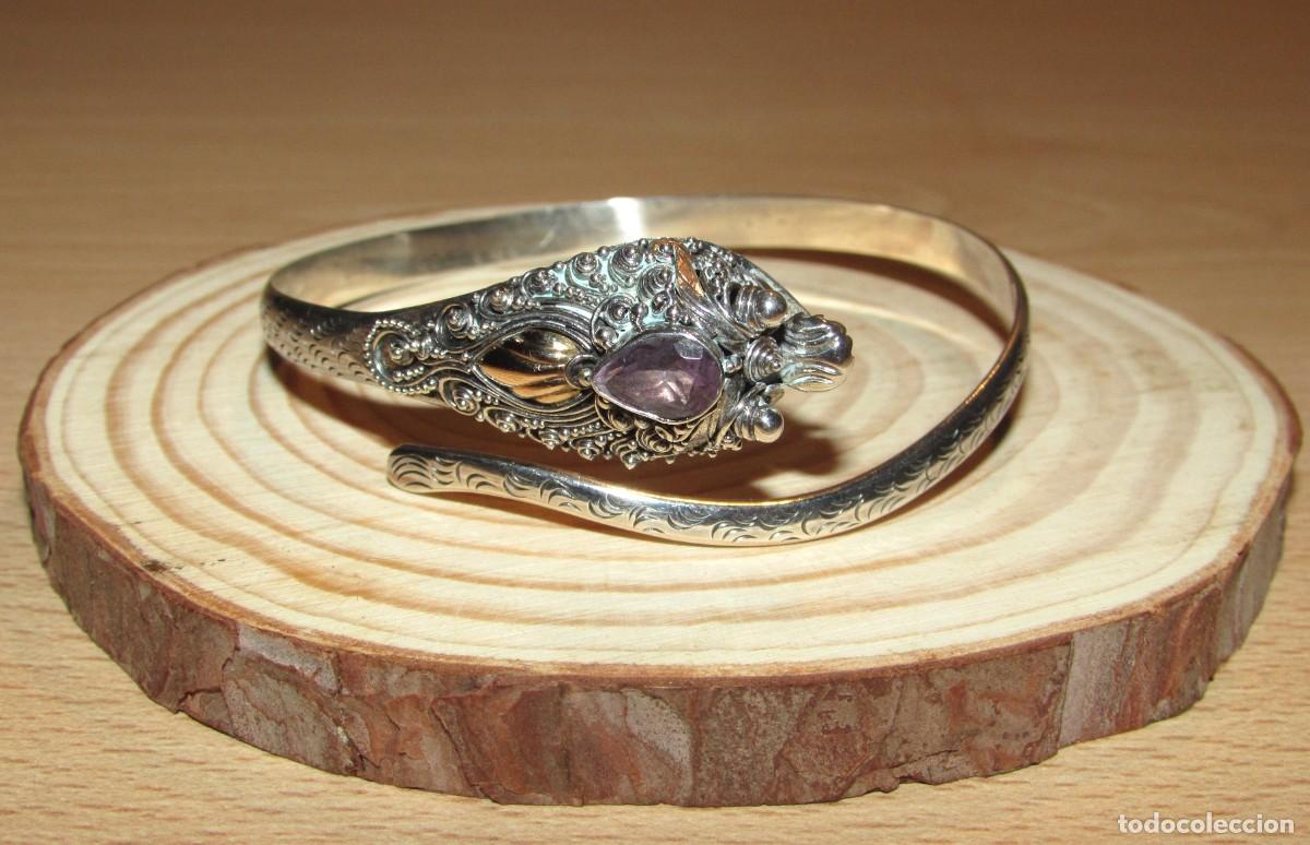 Joyeria: Brazalete pulsera Bali balinesa plata sello 925 artesanal drag&oacute;n Naga Basuki piedra lila Indonesia