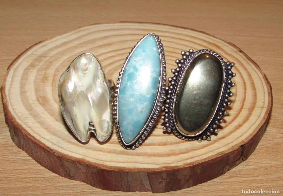 Joyeria: Lote 3 anillos sortijas plata india ba&ntilde;o plata sobre lat&oacute;n n&aacute;car azul celeste quiz&aacute; larimar y pirita