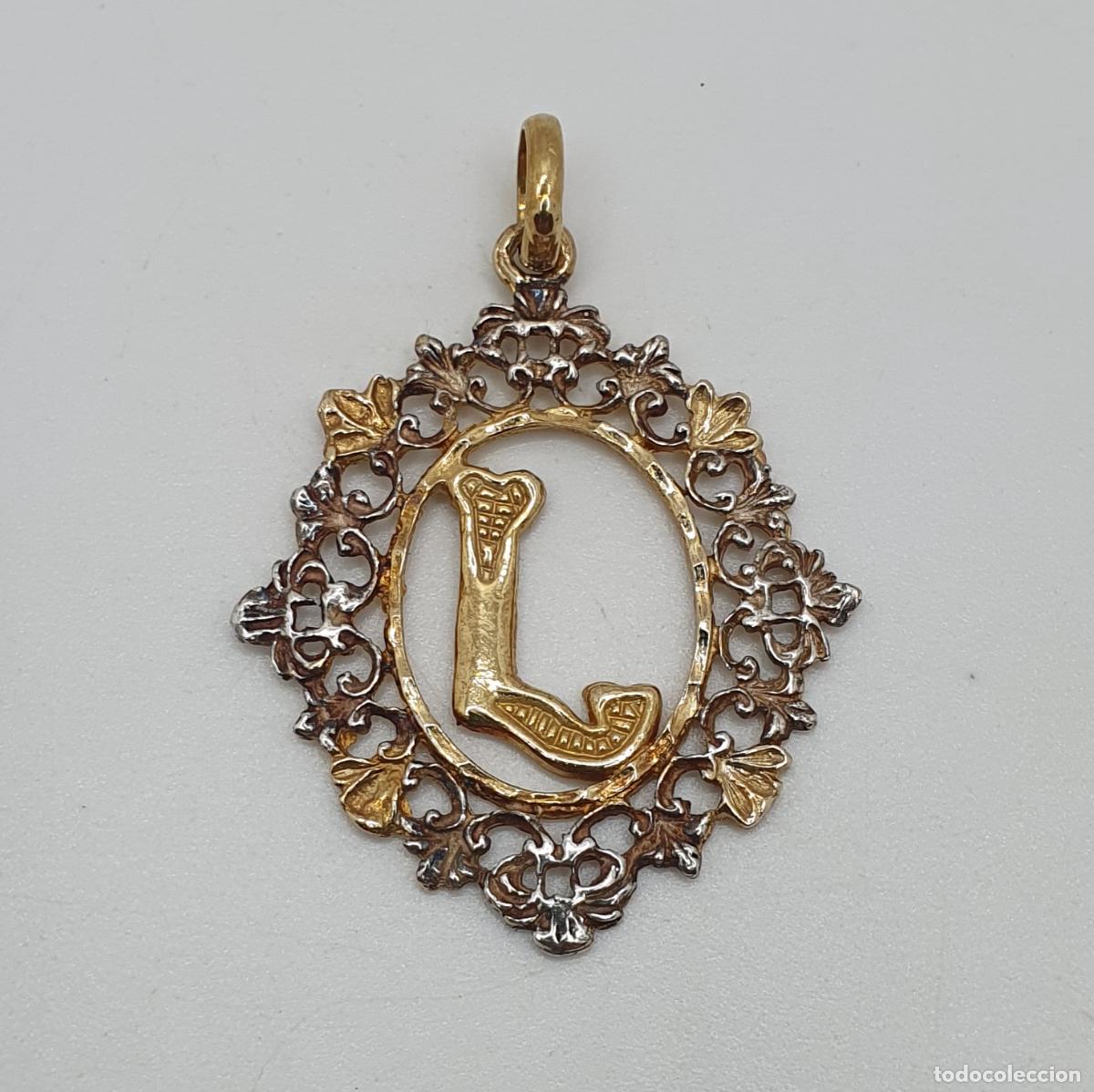 Joyeria: Bello colgante antiguo de estilo Victoriano en plata de ley 925 chapado en oro de 18k con la letra L