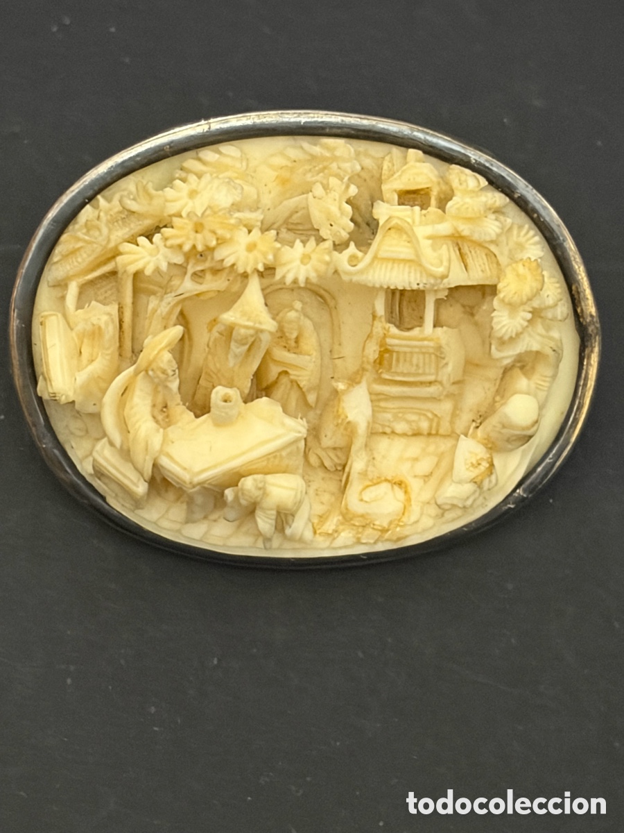 Gioielleria: Broche marfil tallado antiguo y plata siglo xix