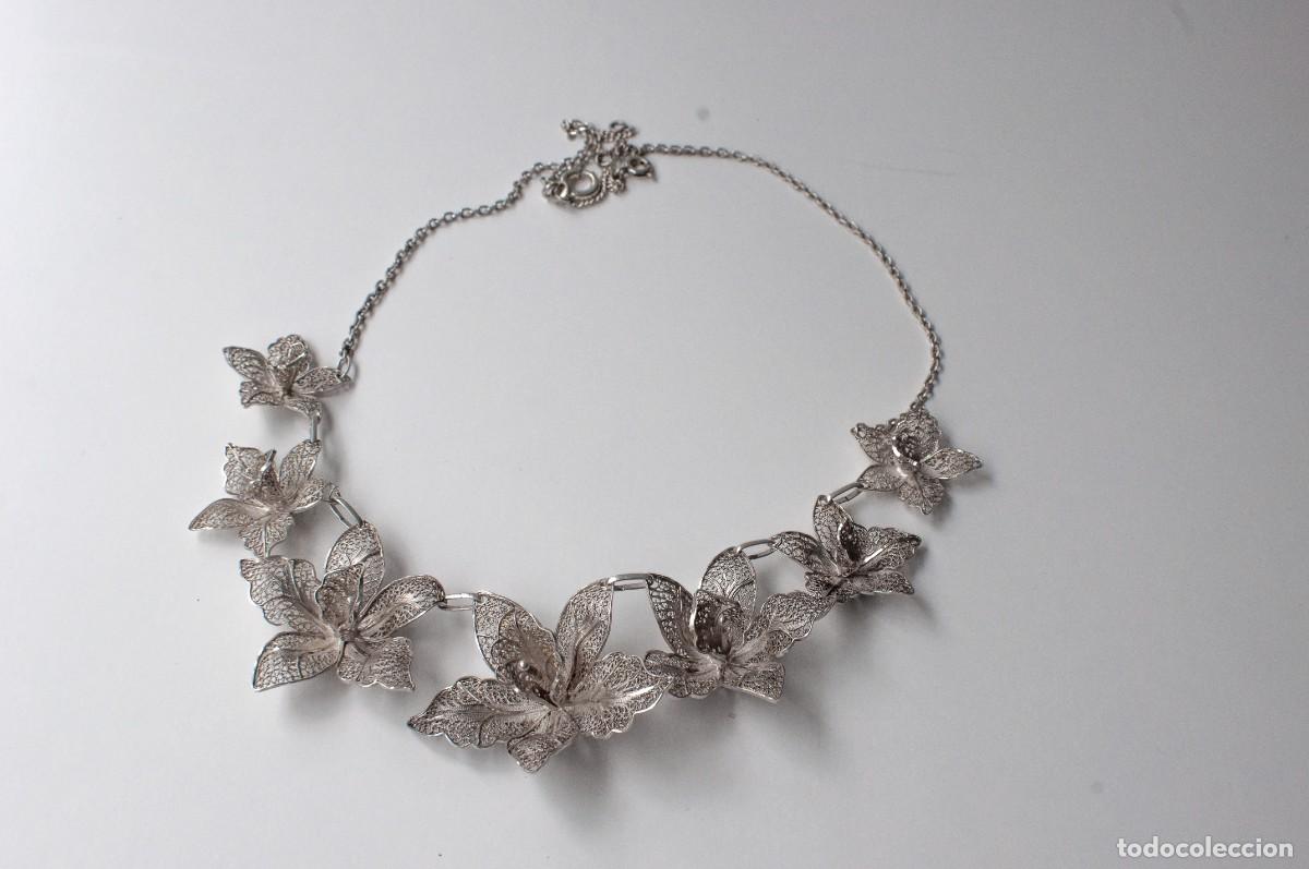 Joyeria: Collar y pendientes de plata filigrana flores