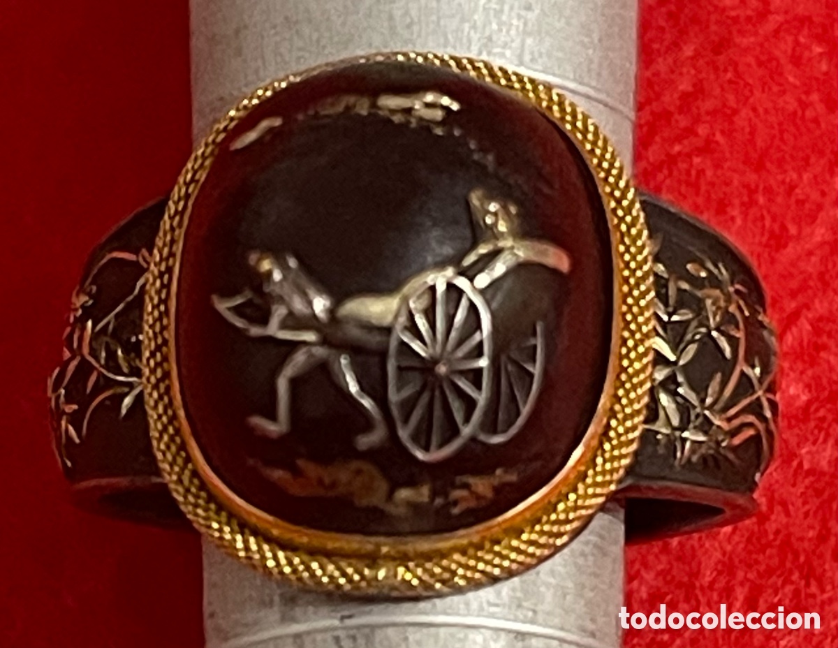 Joyeria: Magn&iacute;fico Anillo, orientalista, chino o japon&eacute;s, en bronce pavonado y oro de 18K