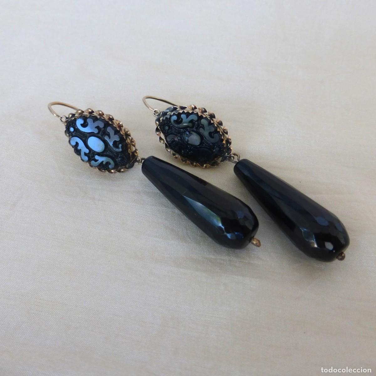 Joyeria: ANTIGUOS PENDIENTES LUTO ONIX FACETADO ORO MUY BAJO S. XIX VICTORIAN MOURNING LONG DROPS EARRINGS