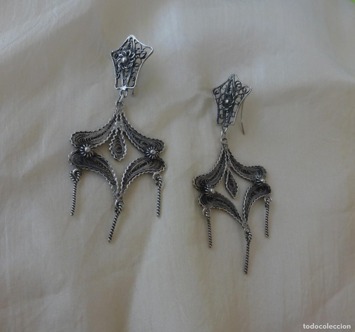 Joyeria: ANTIGUOS PENDIENTES MUY LARGOS FILIGRANA DE PLATA TIPO CHARRO S. XX SILVER FILIFGREE LONG EARRINGSS