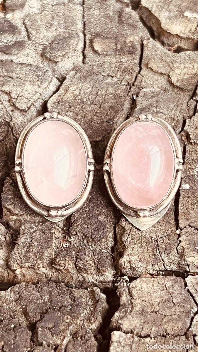Jewelry: Pareja pendientes plata marca 925 cabuj&oacute;n cuarzo rosa pulido 2,5cms