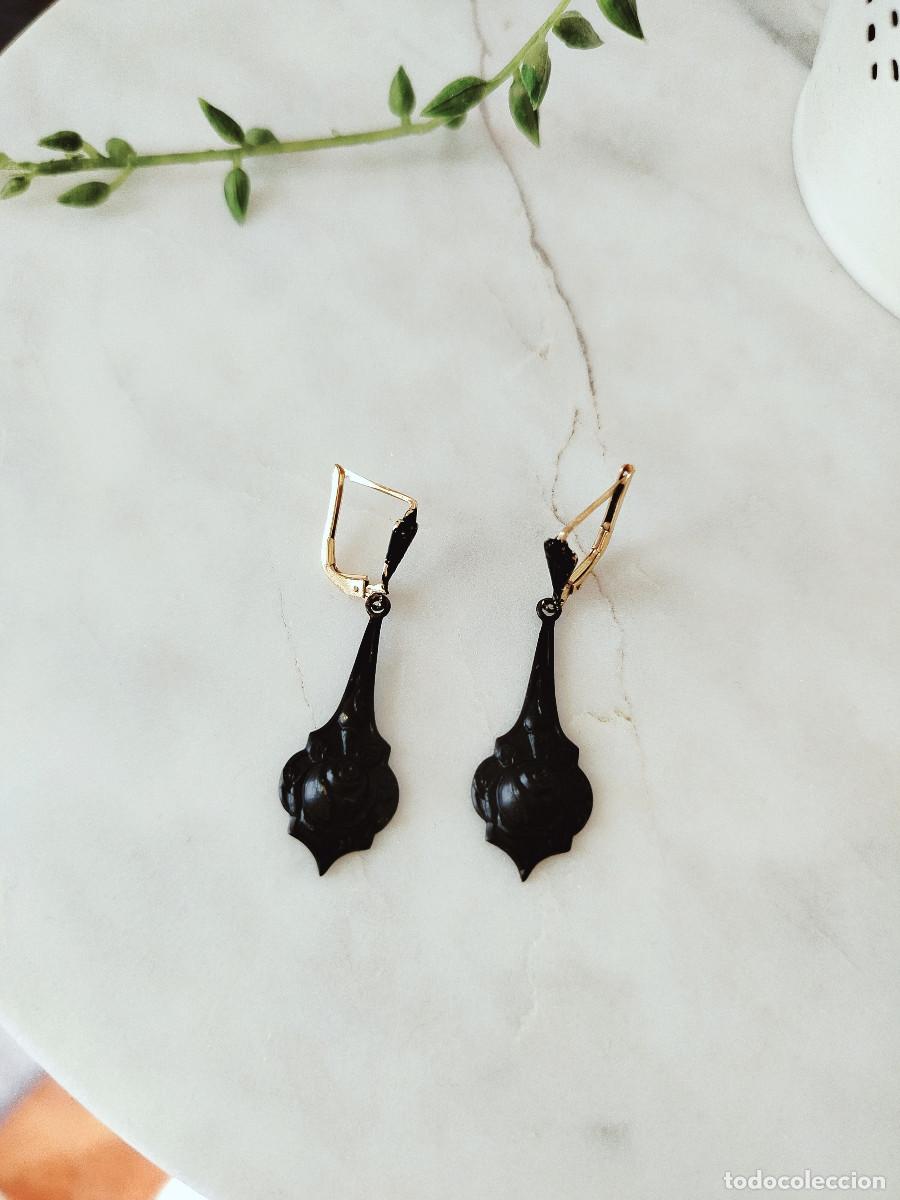 Joyeria: Pendientes de luto vintage rosa negra // Par de pendientes largos negro y dorado