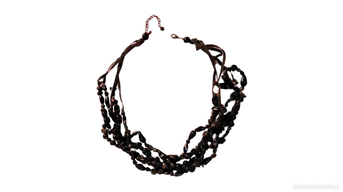 Schmuck: COLLAR MULTIHILO &Oacute;NIX &middot; CUENTAS PIEDRA OSCURA PULIDA &middot; CUERO &middot; A&Ntilde;OS 90/2000 &middot; COLECCIONISTA