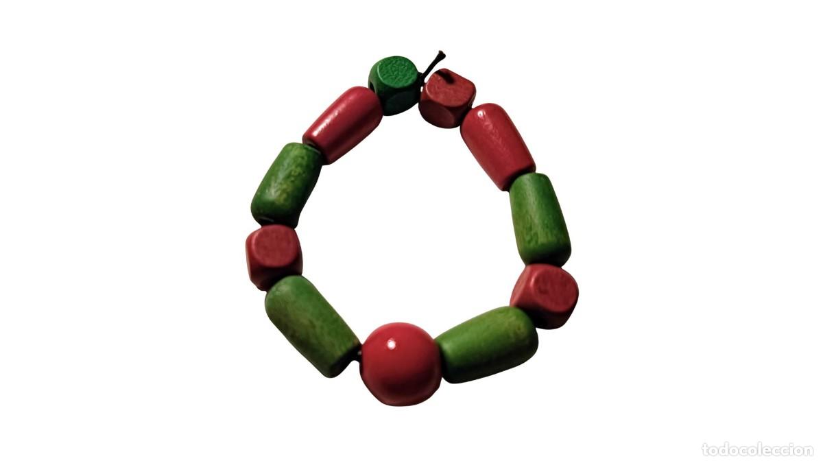 Joyeria: PULSERA EL&Aacute;STICA CUENTAS MADERA &middot; ROJO + VERDE &middot; TUBULAR/ESFERA/CUBO &middot; A&Ntilde;OS 80/90 &middot; &Eacute;TNICO BOHEMIO
