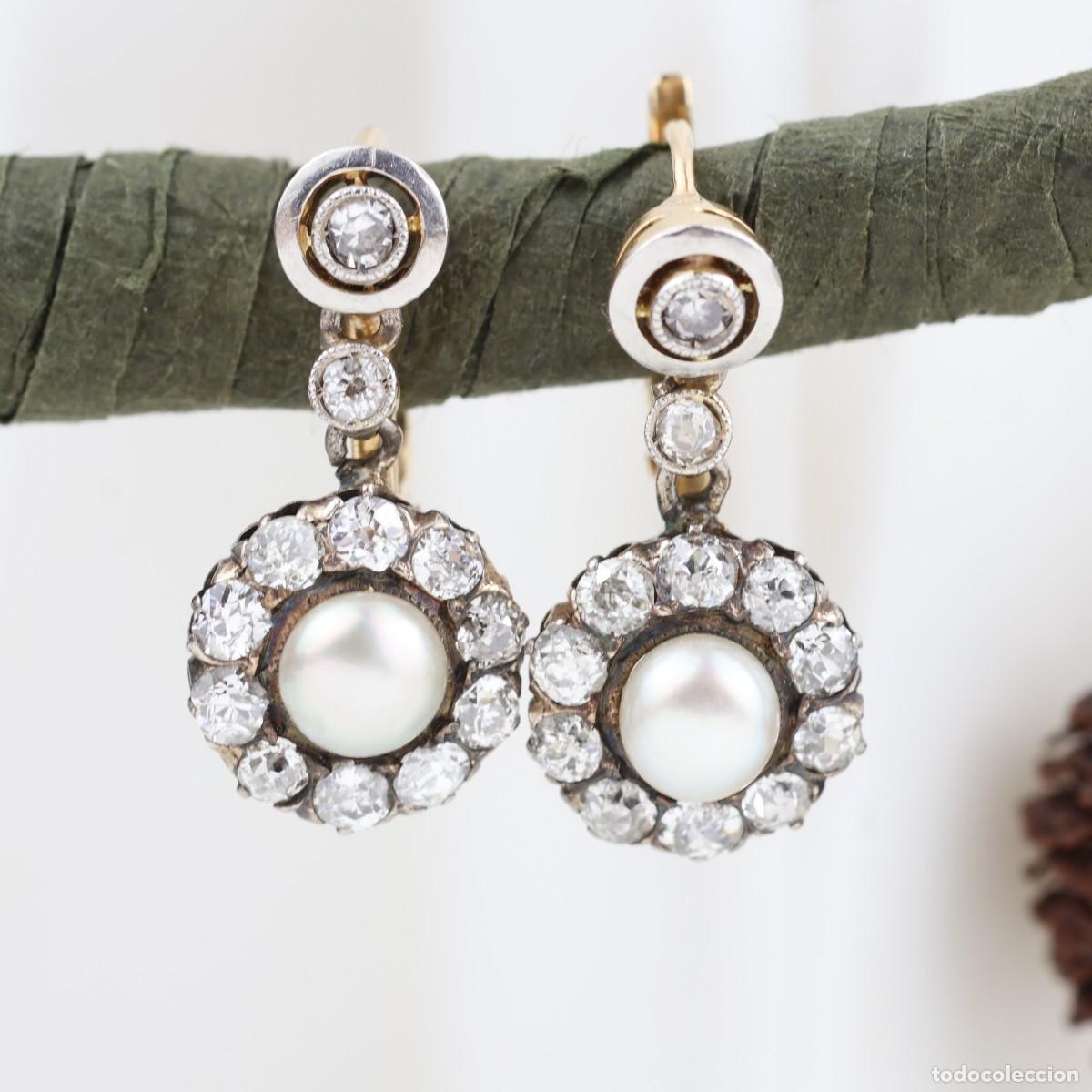 Joyeria: Pendientes antiguos de diamantes talla europea antigua y perlas en oro 18K