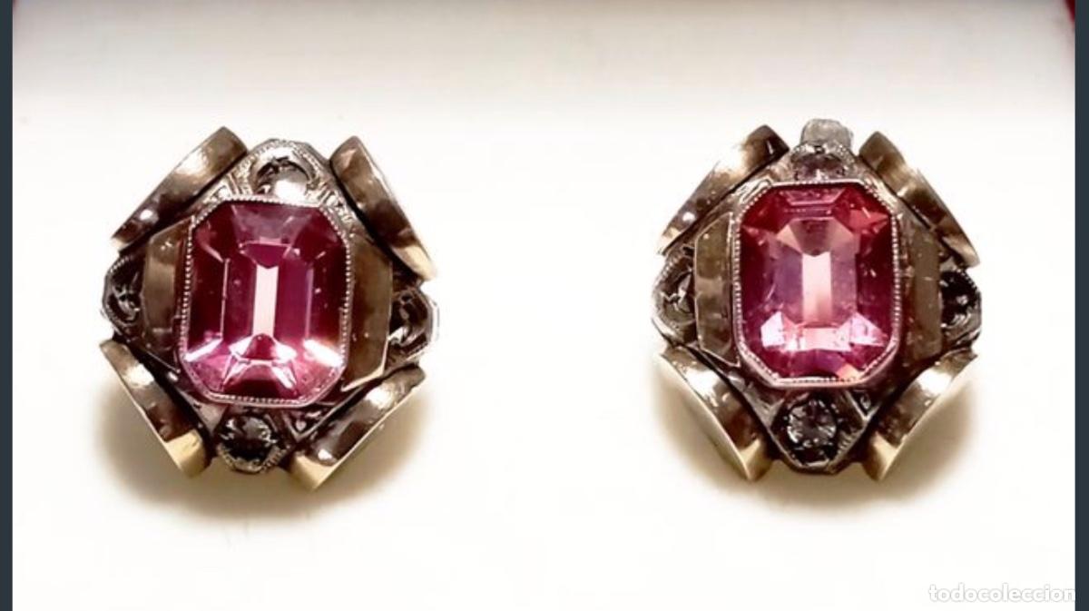 Joyeria: Pendientes art deco,plata y oro con piedra tallada rosa