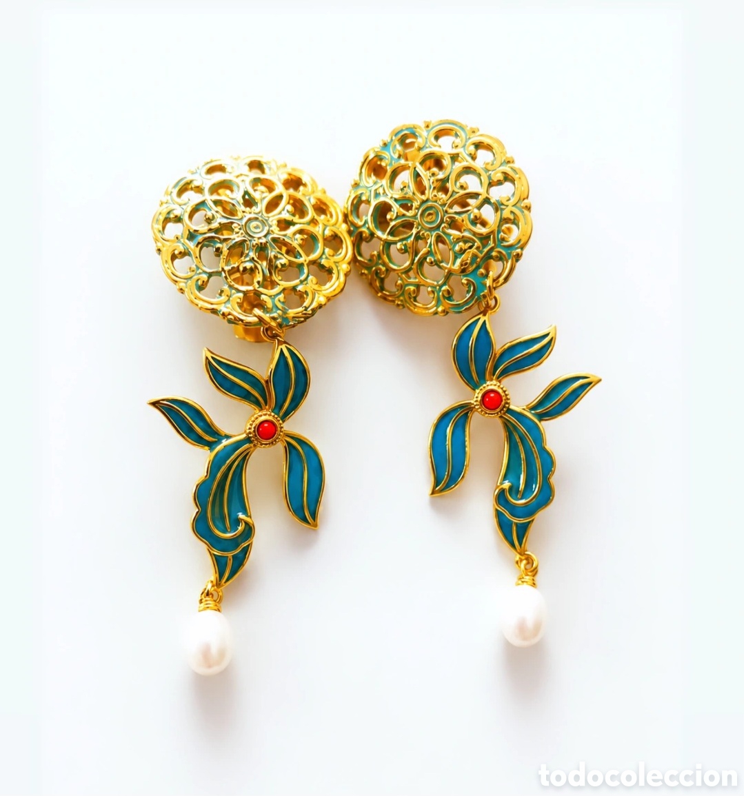 Joyeria: Pendientes Vintage de Cloisonn&eacute; Azul con Perla | Filigrana Dorada Estilo Art Nouveau