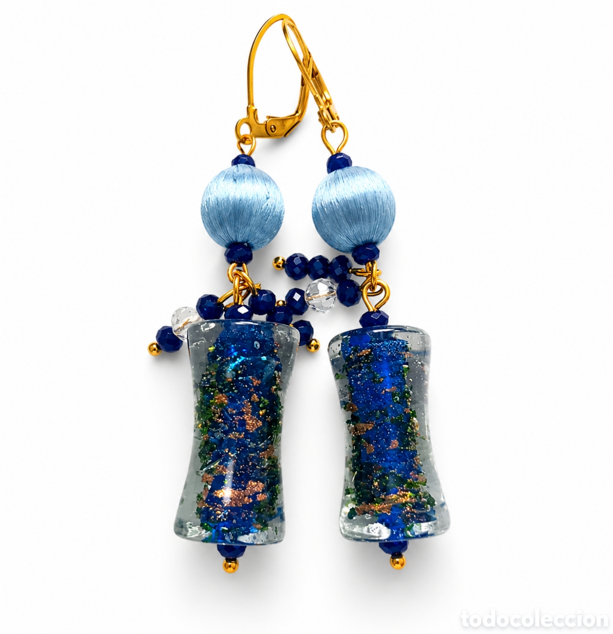 Joyeria: Pendientes Orientales de Seda Japonesa Vintage y Murano Azul | Dise&ntilde;o Farolillo Japon&eacute;s