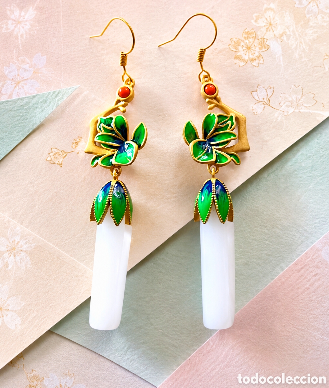Joyeria: Pendientes de cloisonne y cuarzo blanco dise&ntilde;o Japon&eacute;s