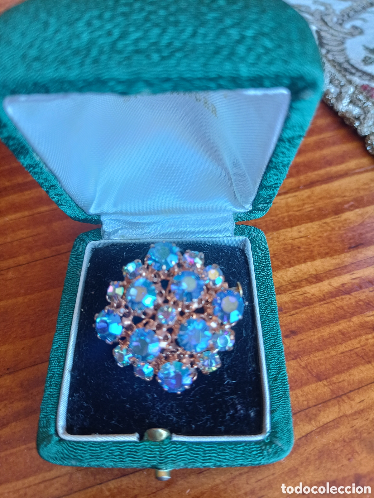 Joyeria: Broche Vintage A&ntilde;os 50/60 - Estilo Roset&oacute;n de Cristales Aurora Boreal (AB) Azul Aqua. Mid Century