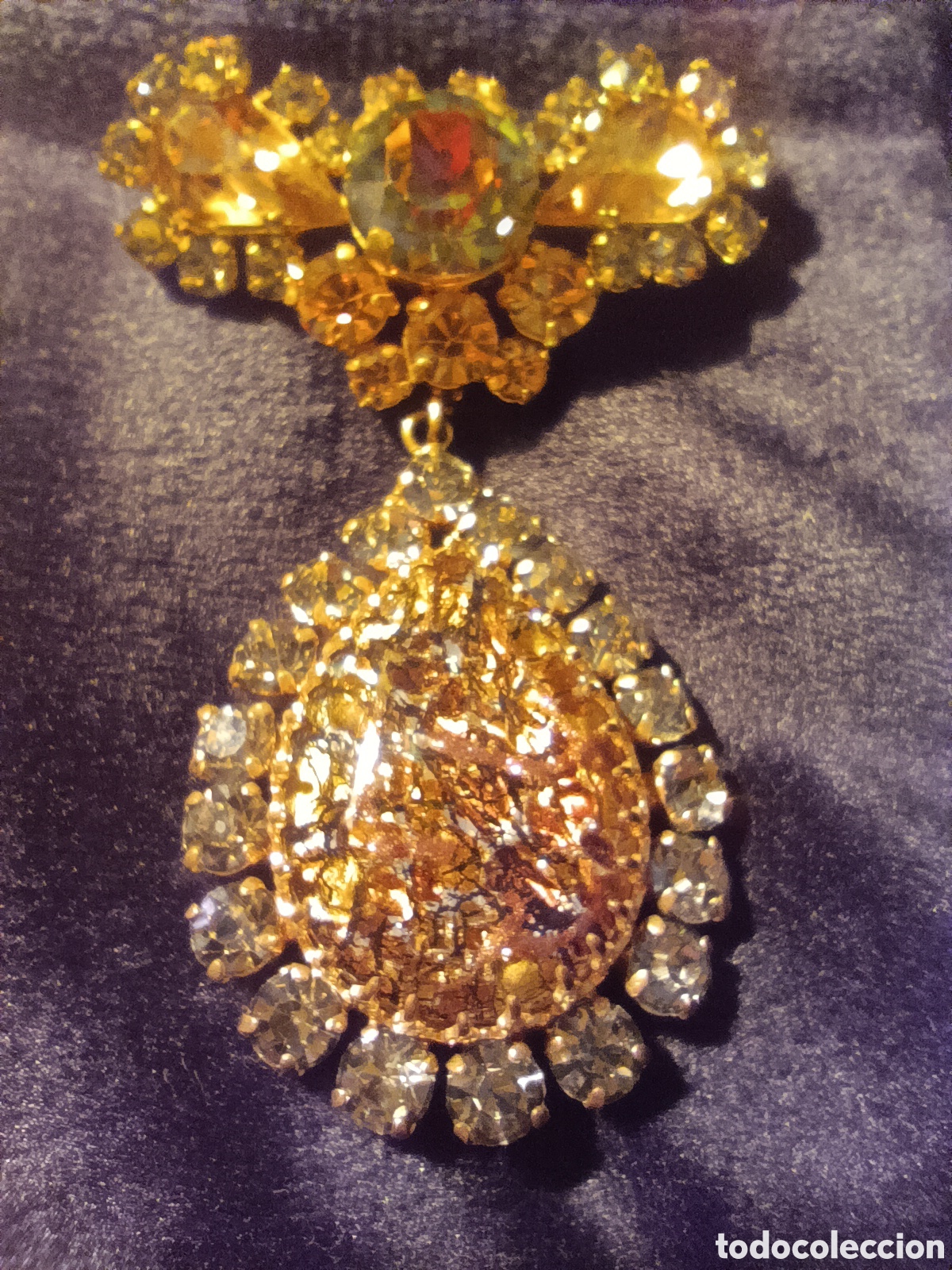 Joyeria: Broche Vintage A&ntilde;os 50/60 con Colgante de Vidrio de Murano y Aventurina Oro - Cristales Marquise y S