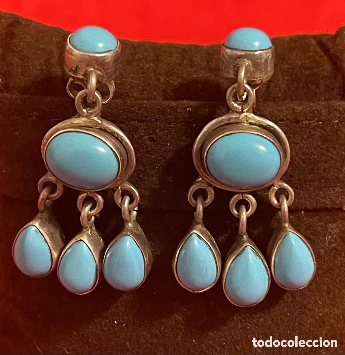 Joyeria: Preciosa Pareja De, pendientes en plata de ley contrastada y turquesas