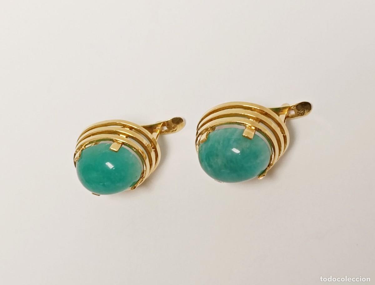 Joyeria: Elegantes Pendientes de Oro macizo 18kt con Cabujones de Amazonita &ndash; Dise&ntilde;o Atemporal