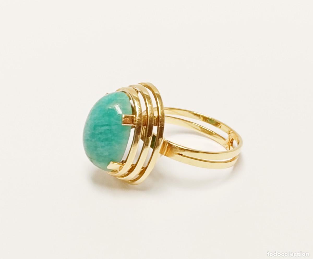Joyeria: Elegante Anillo Modernista de Oro macizo 18kt con Amazonita Cabuj&oacute;n - Dise&ntilde;o Galer&iacute;a -5,03 gr.