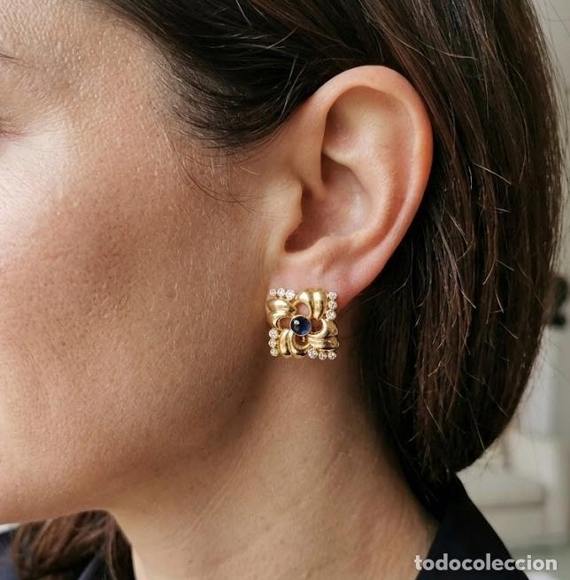 Joyeria: Preciosos Pendientes Vintage en Oro Amarillo de 18K, Zafiros Azules Cabuj&oacute;n y Circonitas - 3,19 gr