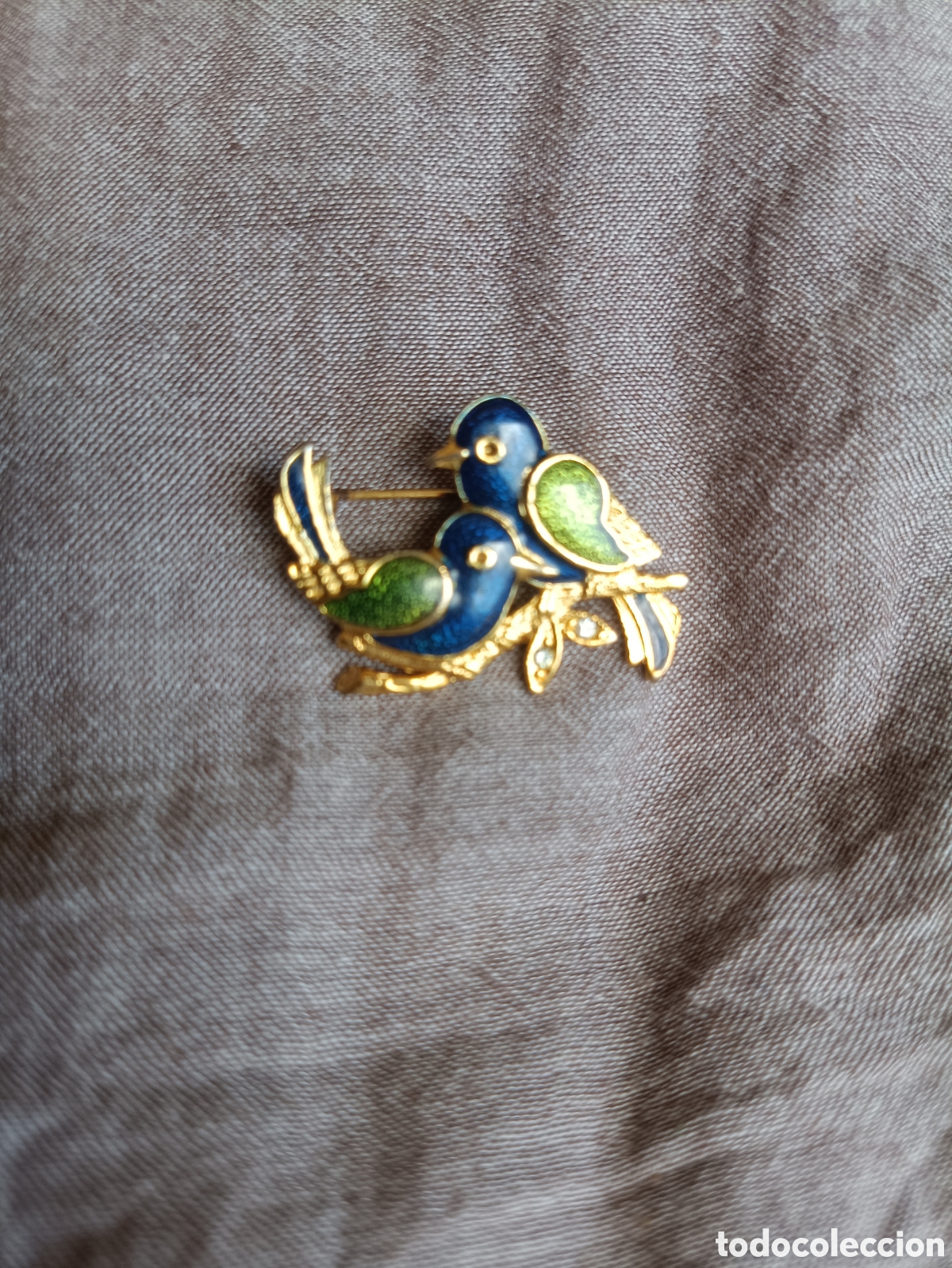 Joyeria: Broche Vintage &rdquo;Pareja de Pajaritos&rdquo; - Firmado MCJ - Esmalte Azul, Verde y Strass - A&ntilde;os 80