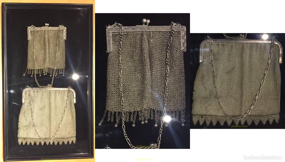 Joyeria: CUADRO DE BOLSOS MALLA ANTIGUO DE PLATA 12 cm. x 14 cm. y de 16,50cm x 18 cm