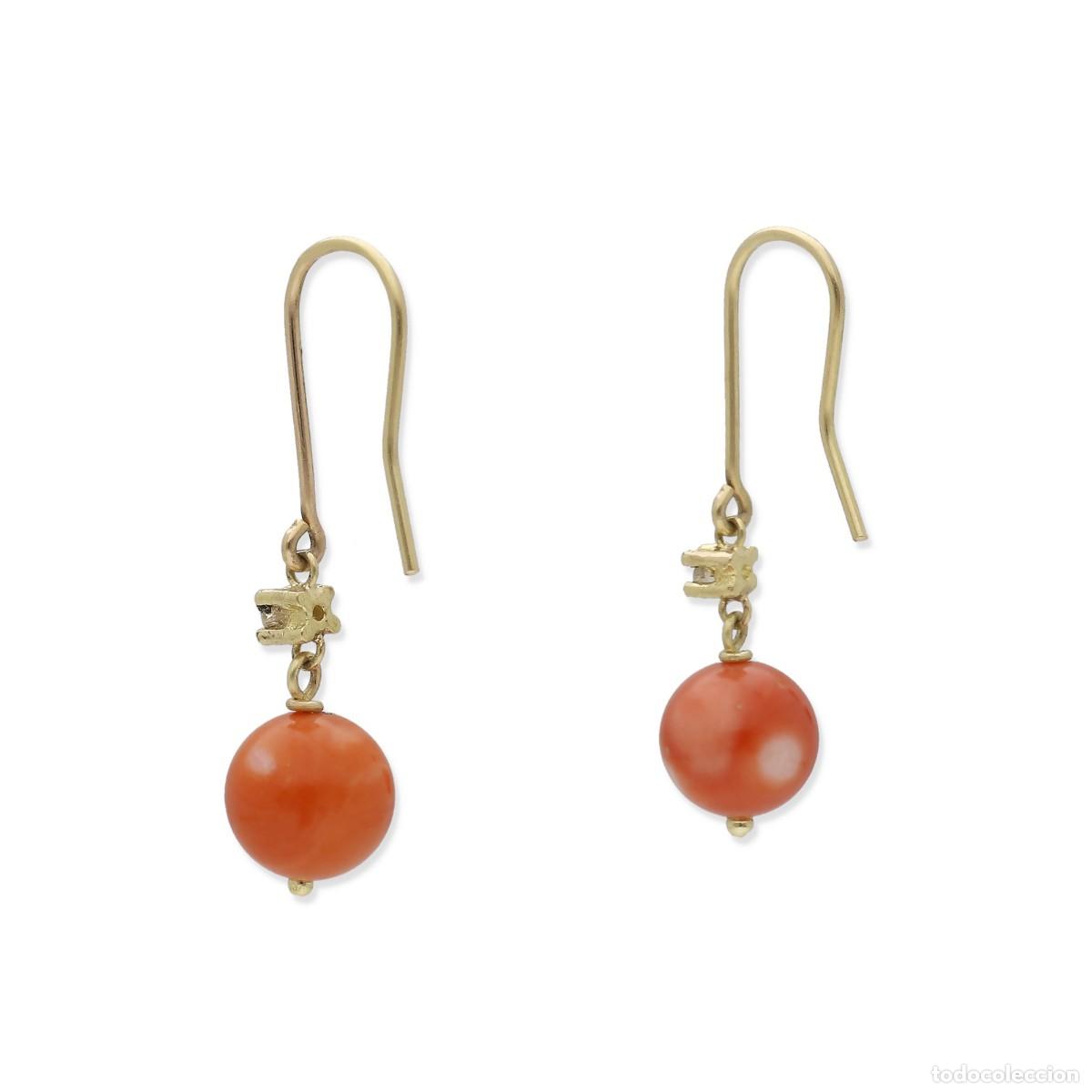 Joyeria: Pendientes, oro amarillo 18k, diamante natural y coral de Jap&oacute;n