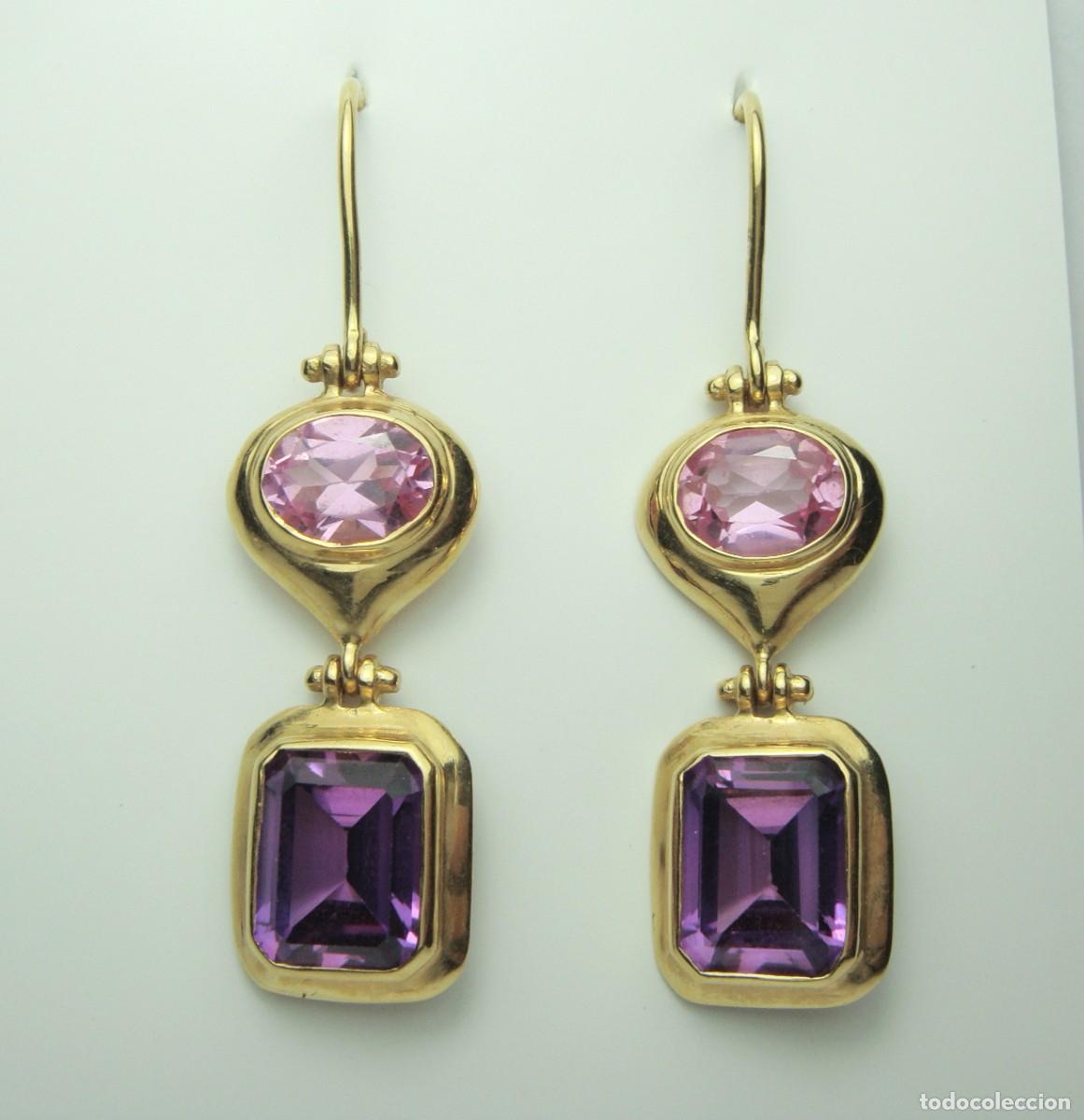 Joyeria: Pendientes Colgantes en Oro de 18 K &middot; Amatistas y Topacios Rosas &middot; Dise&ntilde;o Articulado