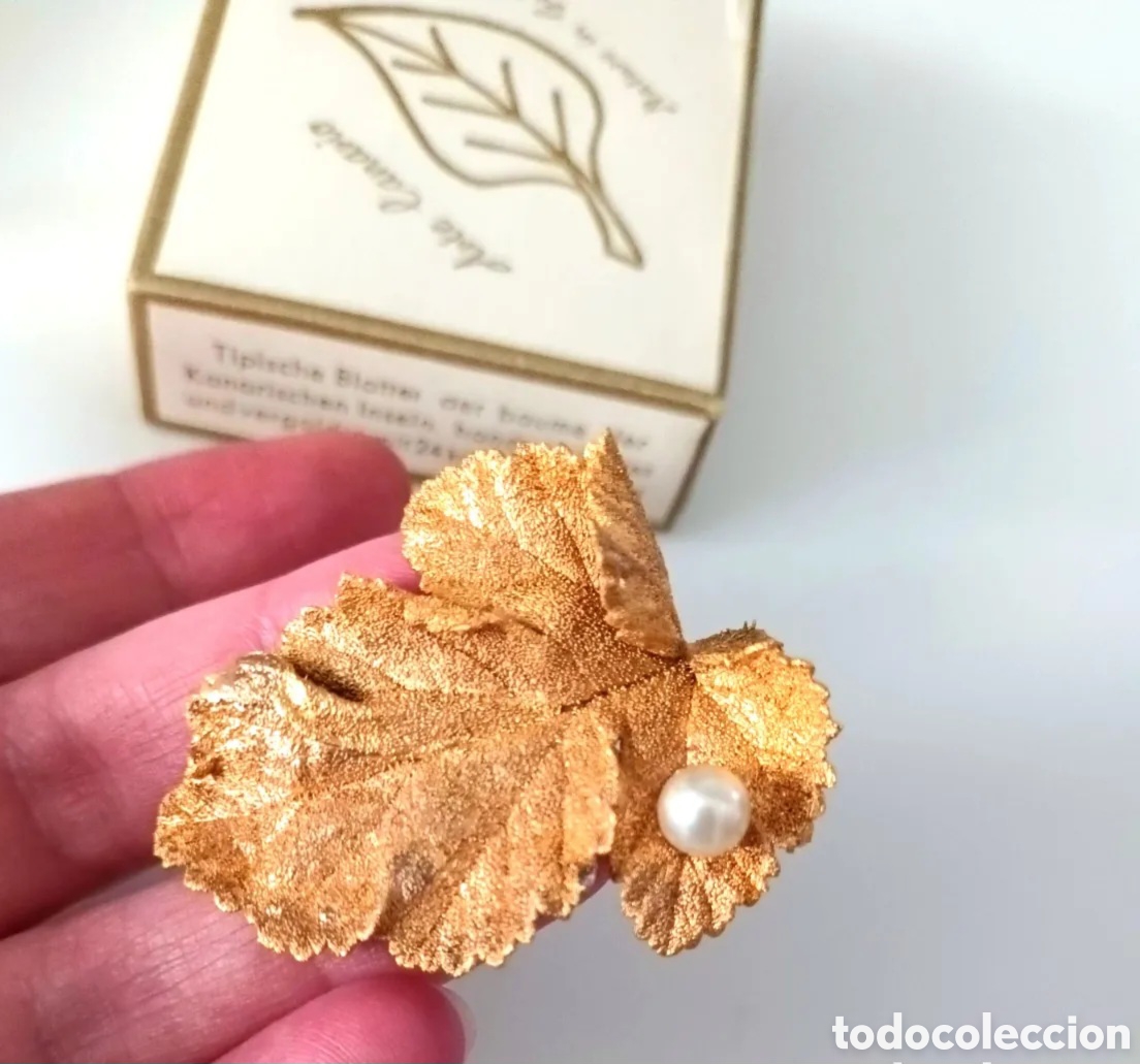 Joyeria: Broche de hoja ba&ntilde;o de oro 24k Arte Canario vintage
