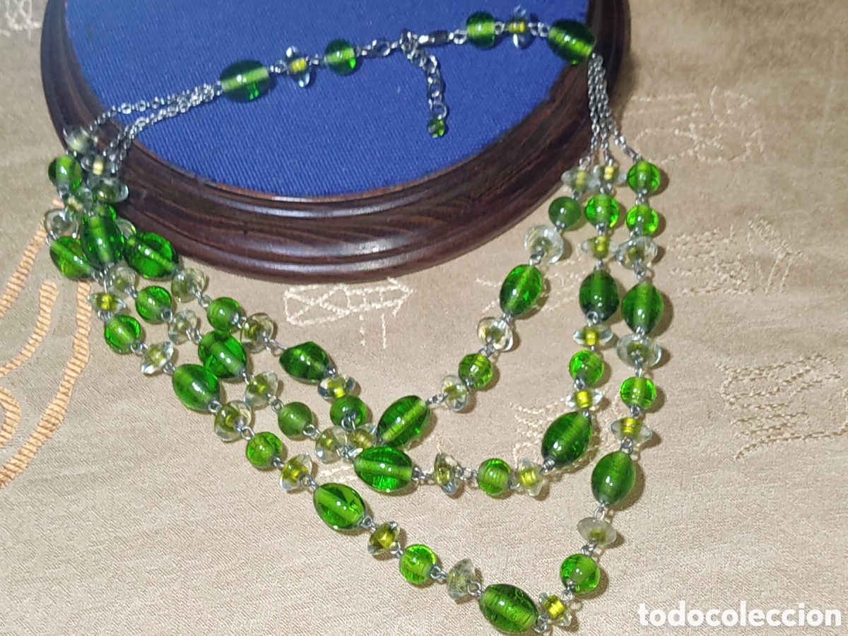 Joyeria: Collar 3 hilos de cristal de Murano verde.Vintage.