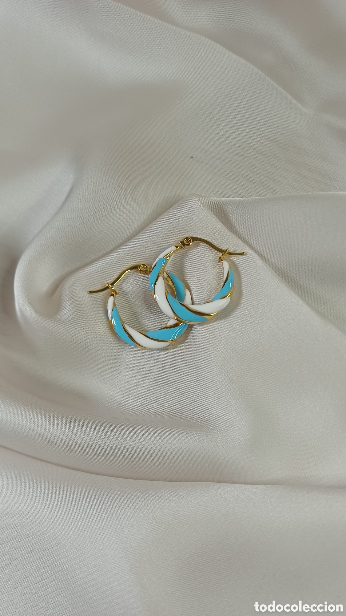 Joyeria: ARETES CHAPADO ORO 18 K ESMALTE BLANCO TURQUESA - Foto 2