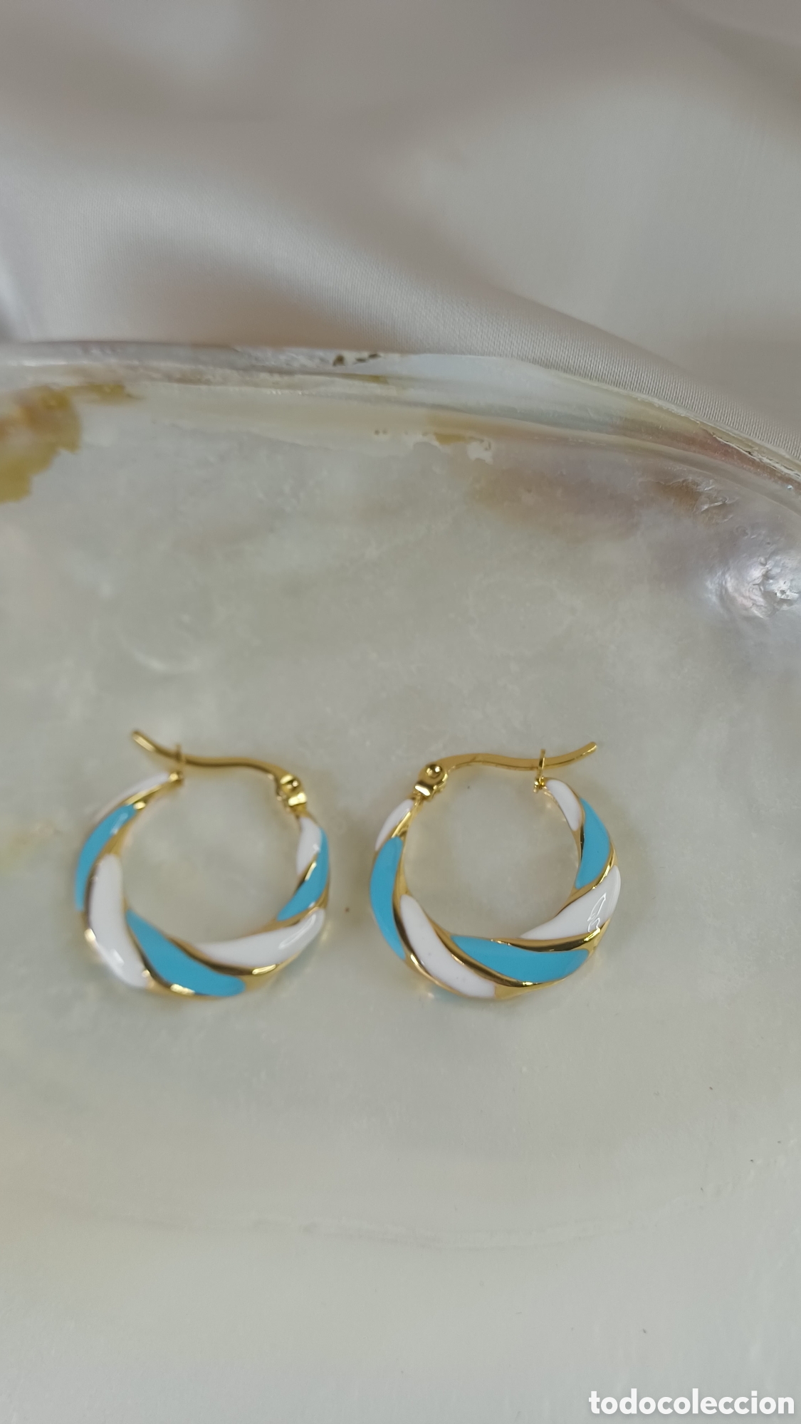 Joyeria: ARETES CHAPADO ORO 18 K ESMALTE BLANCO TURQUESA - Foto 3