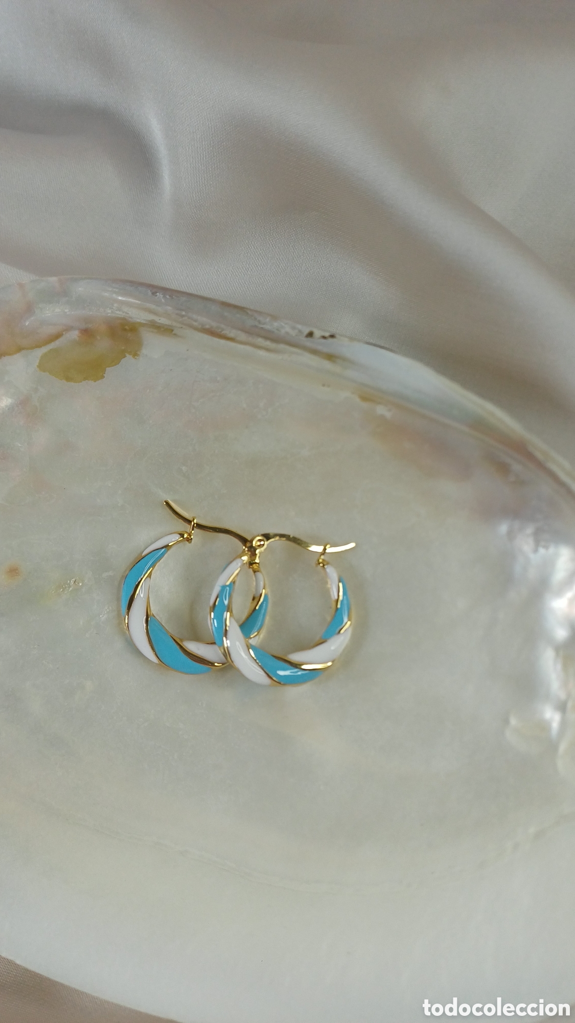 Joyeria: ARETES CHAPADO ORO 18 K ESMALTE BLANCO TURQUESA - Foto 4