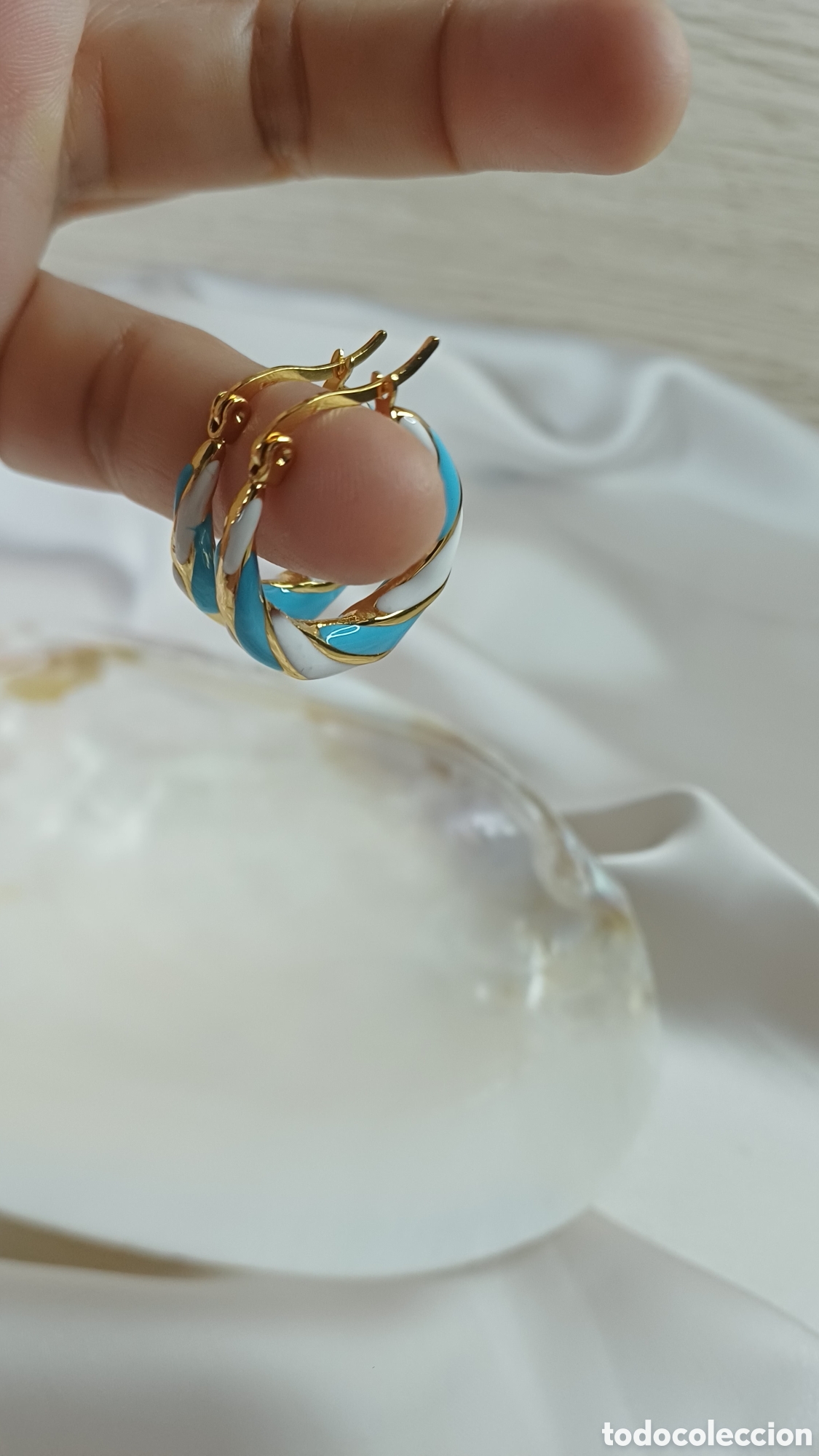 Joyeria: ARETES CHAPADO ORO 18 K ESMALTE BLANCO TURQUESA - Foto 5